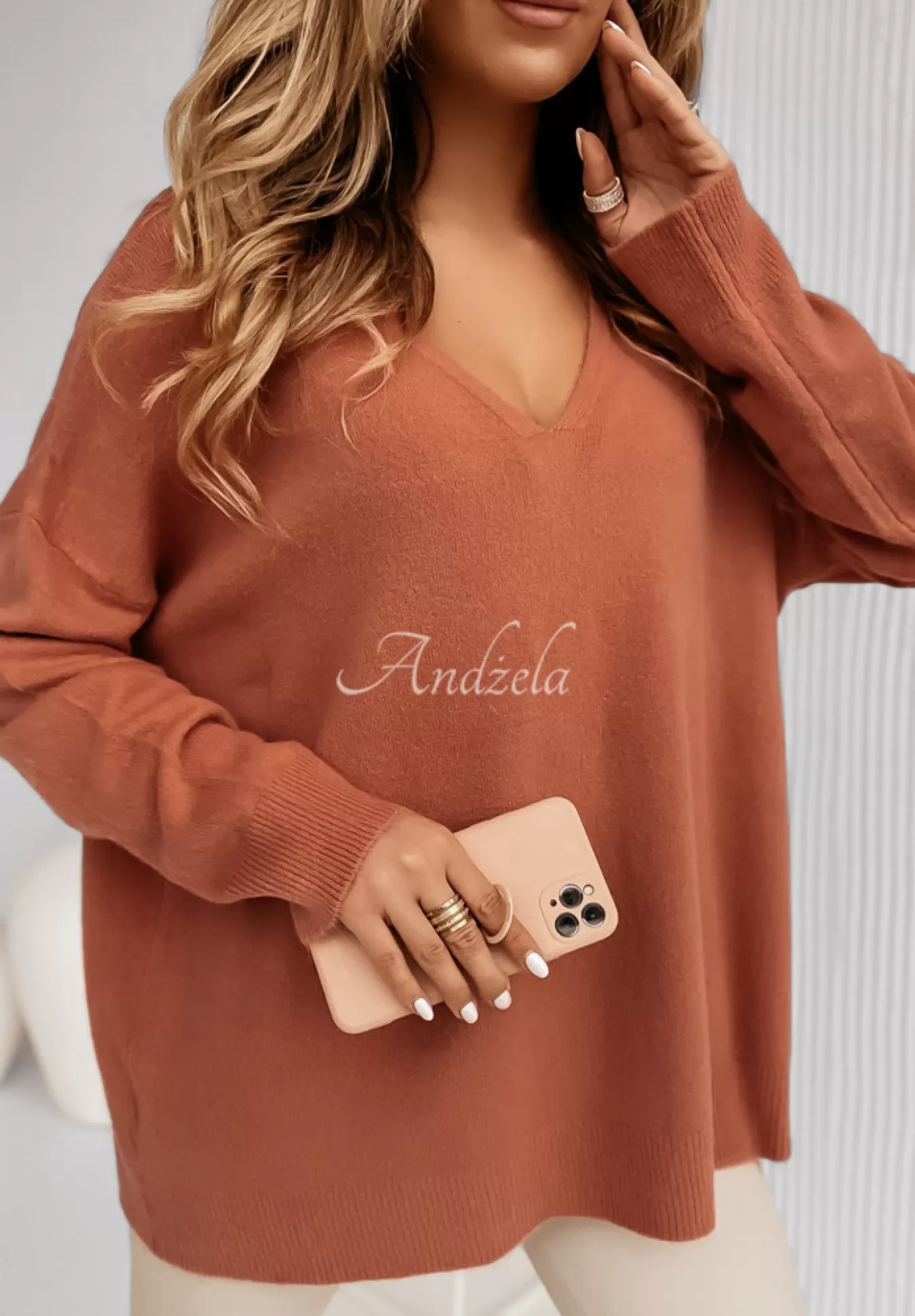 New Sweter Oversize Z Dekoltem Norris Koralowy Kobieta Swetry