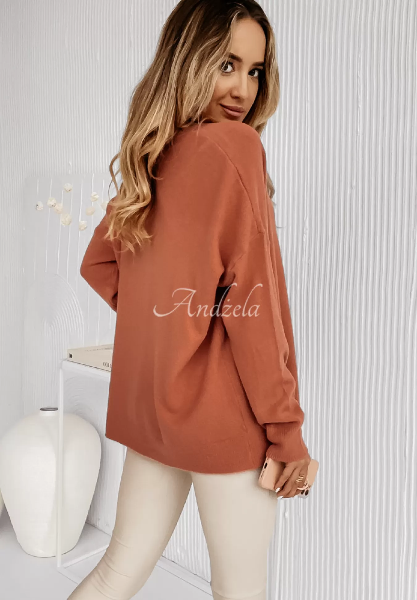 New Sweter Oversize Z Dekoltem Norris Koralowy Kobieta Swetry