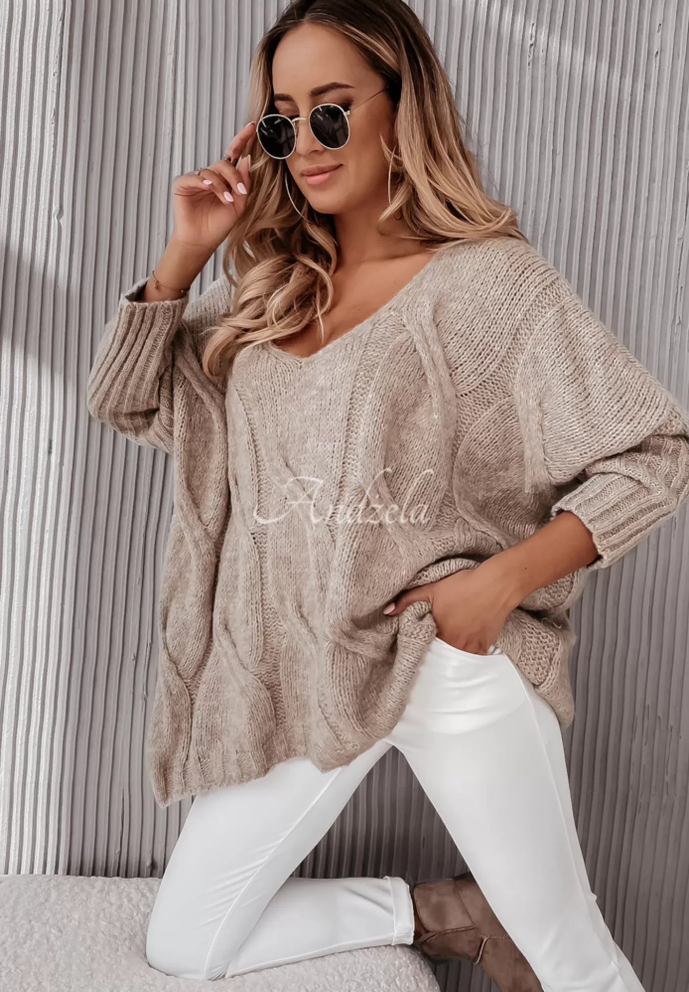 Shop Sweter Oversize Z Ozdobnym Splotem Morley Mokka Kobieta Swetry