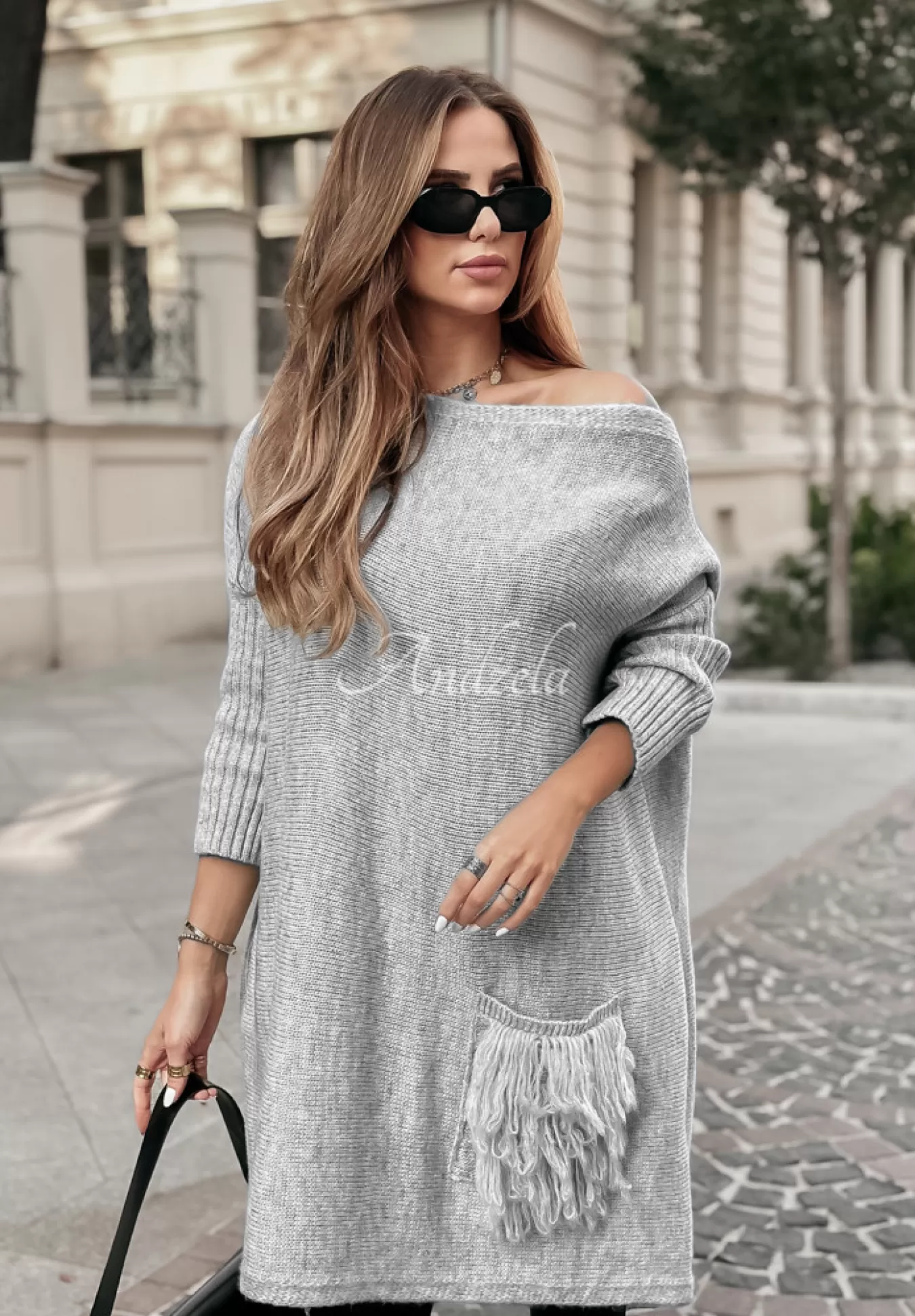 Discount Sweter Sukienka Oversize Z Fredzlami Hot Tea Szary Kobieta Swetry