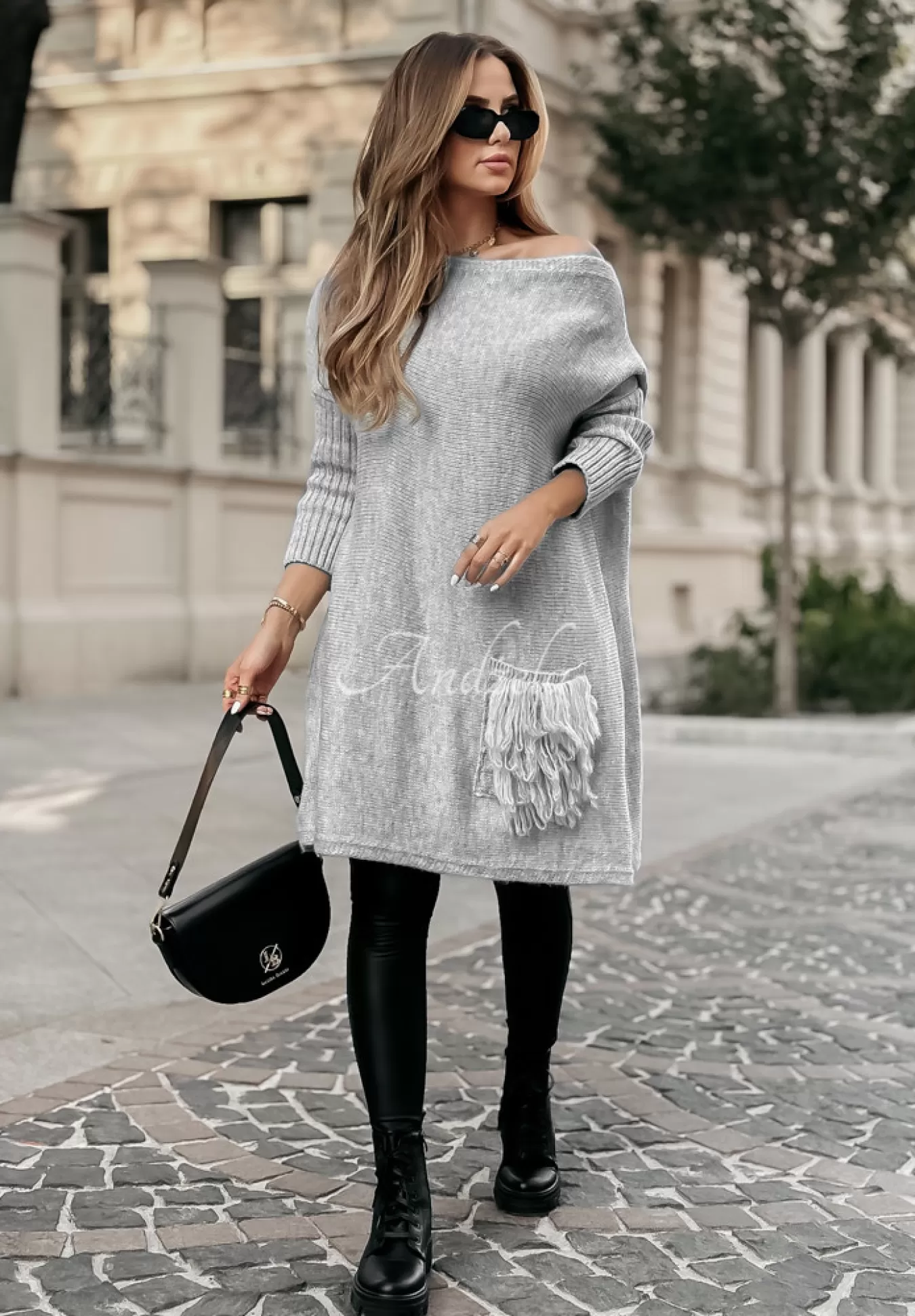 Discount Sweter Sukienka Oversize Z Fredzlami Hot Tea Szary Kobieta Swetry
