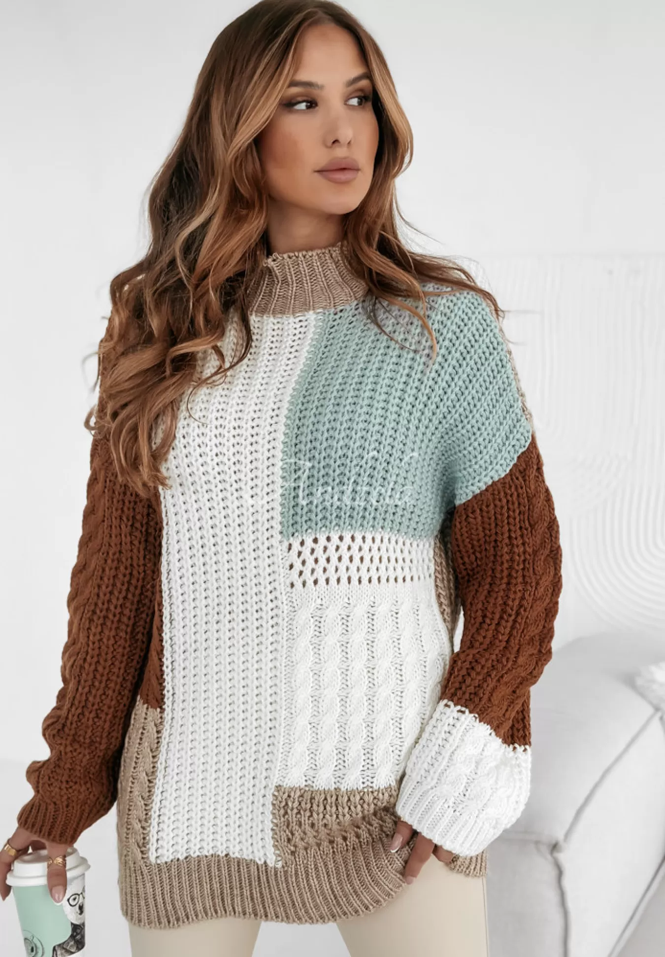 Flash Sale Sweter Z Ozdobnym Splotem Color Me Mine Czekoladowo-Bezowy Kobieta Swetry