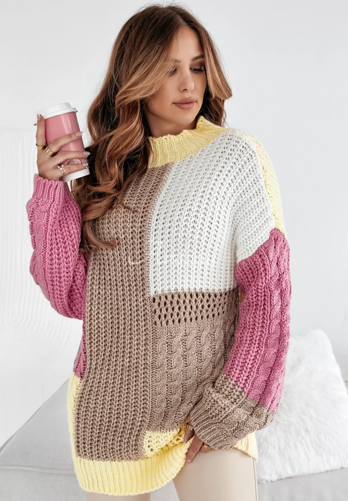 Cheap Sweter Z Ozdobnym Splotem Color Me Mine Rozowo-Zolty Kobieta Swetry